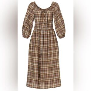 Madewell Plaid Midi Dress in Brown and Tan